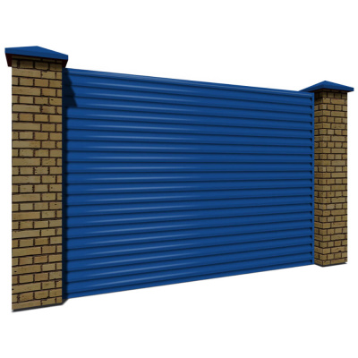 Секция забора жалюзи из ламелей еврожалюзи RAL5005 Синий Сигнал с кирпичными столбами